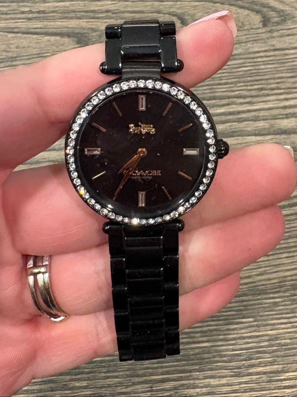 Coach Wristwatch Crystal Bezel Black Dial Stainless Steel Link Bracelet 34mm